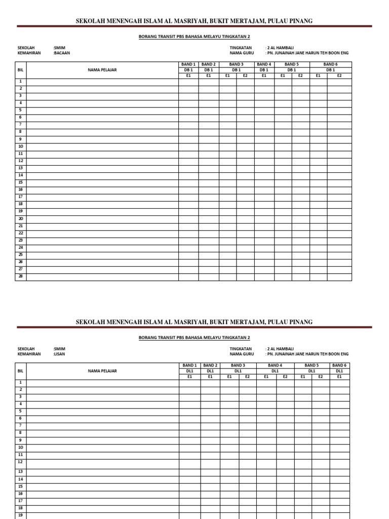 Borang Transit PBS Bahasa Melayu Tingkatan 2  PDF