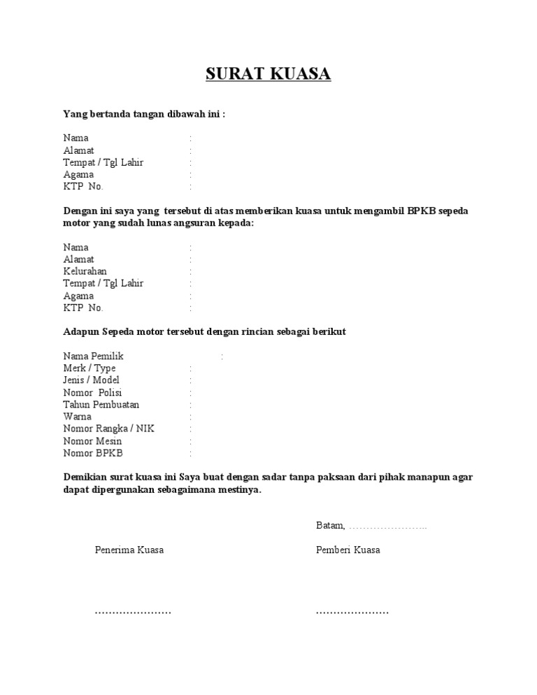 Surat Kuasa Pengambilan BPKB