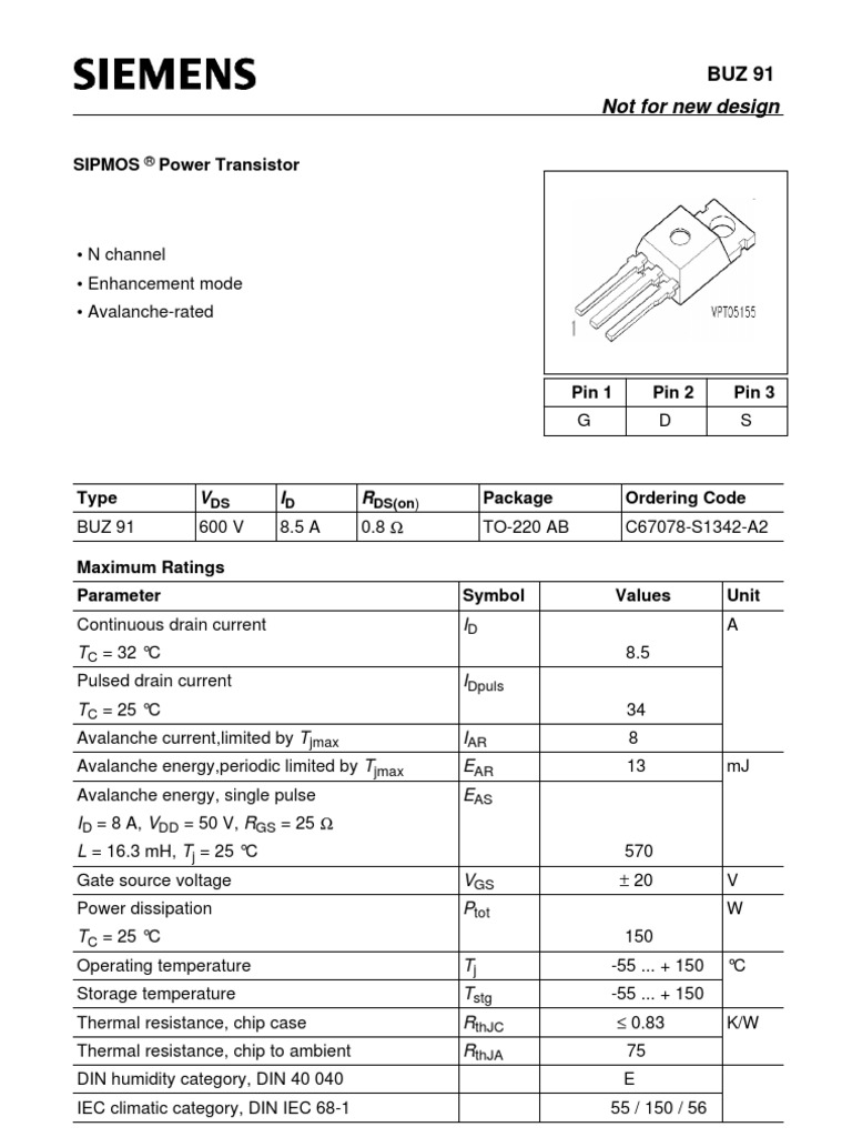 BUZ 91 SIPMOS Power Transistor Specs | PDF | Technology & Engineering