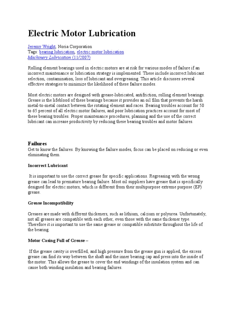 Electric Motor Lubrication PDF Bearing (Mechanical) Lubricant