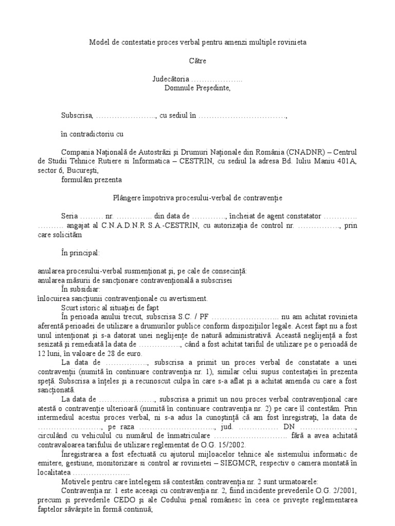 Model de Contestatie Proces Verbal Pentru Amenzi Multiple Rovinieta