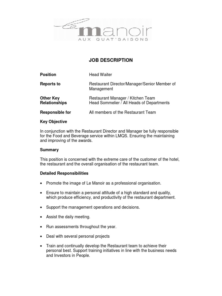 Olem Head Waiter Job Desc01 Restaurants Waiting Staff