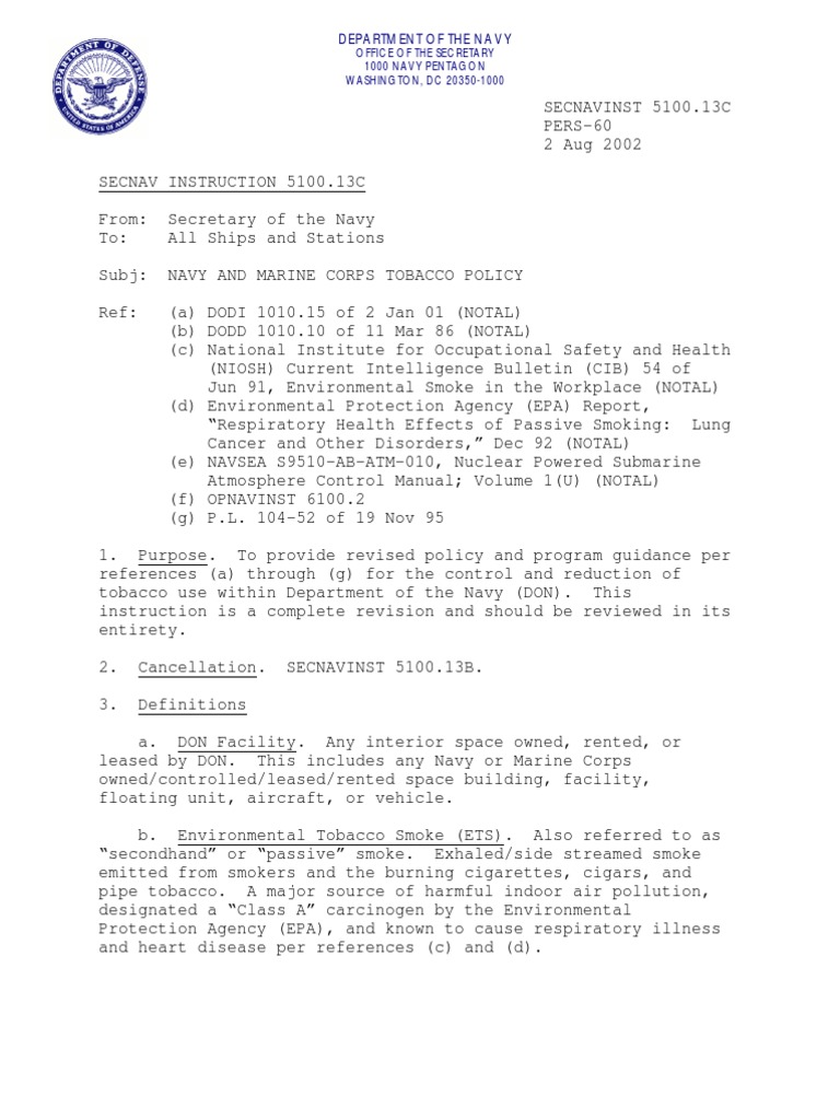 secnavinst 5100.13 e tobacco policy Navy weighs e-cig ban amid