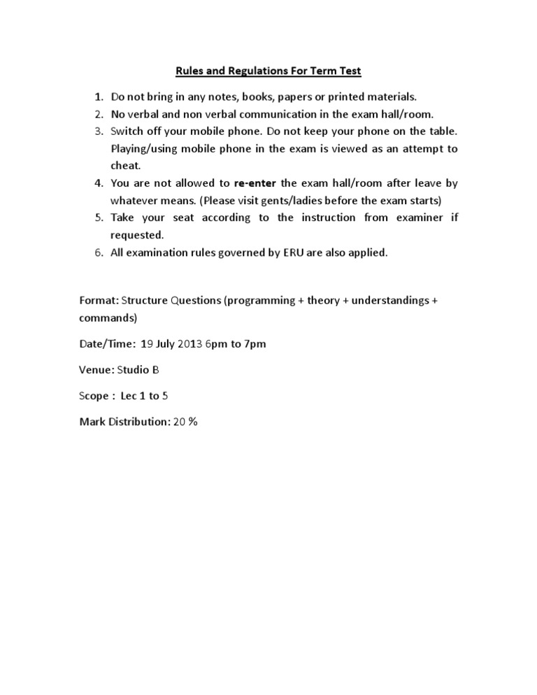 Rules and Regulations For Term Test TTP3181 | PDF | Career & Growth ...