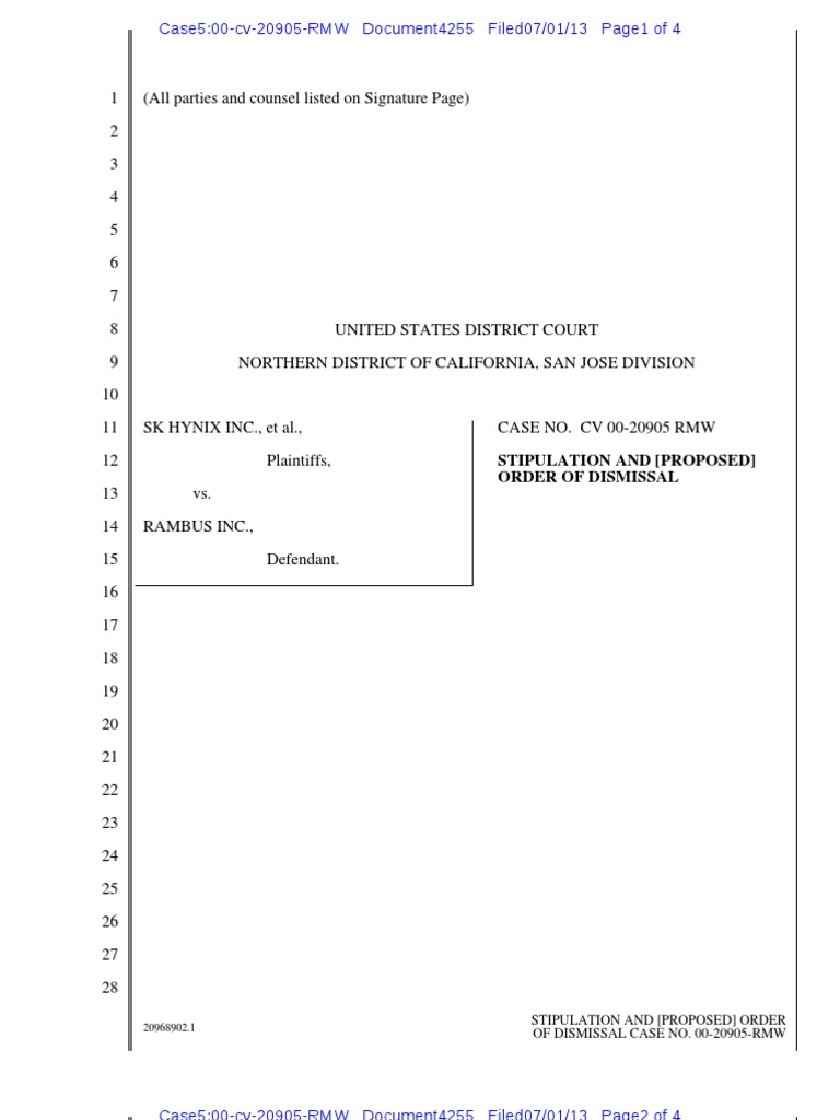Stipulation and (Proposed) Order of Dismissal Case No. 00-20905-Rmw ...