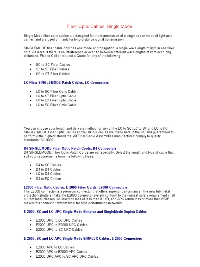 Single Mode Fiber Optic Cables | PDF | Optical Fiber | Optics