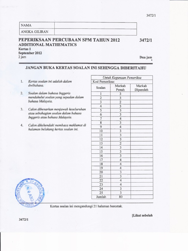 MATEMATIK TAMBAHAN Kertas 1