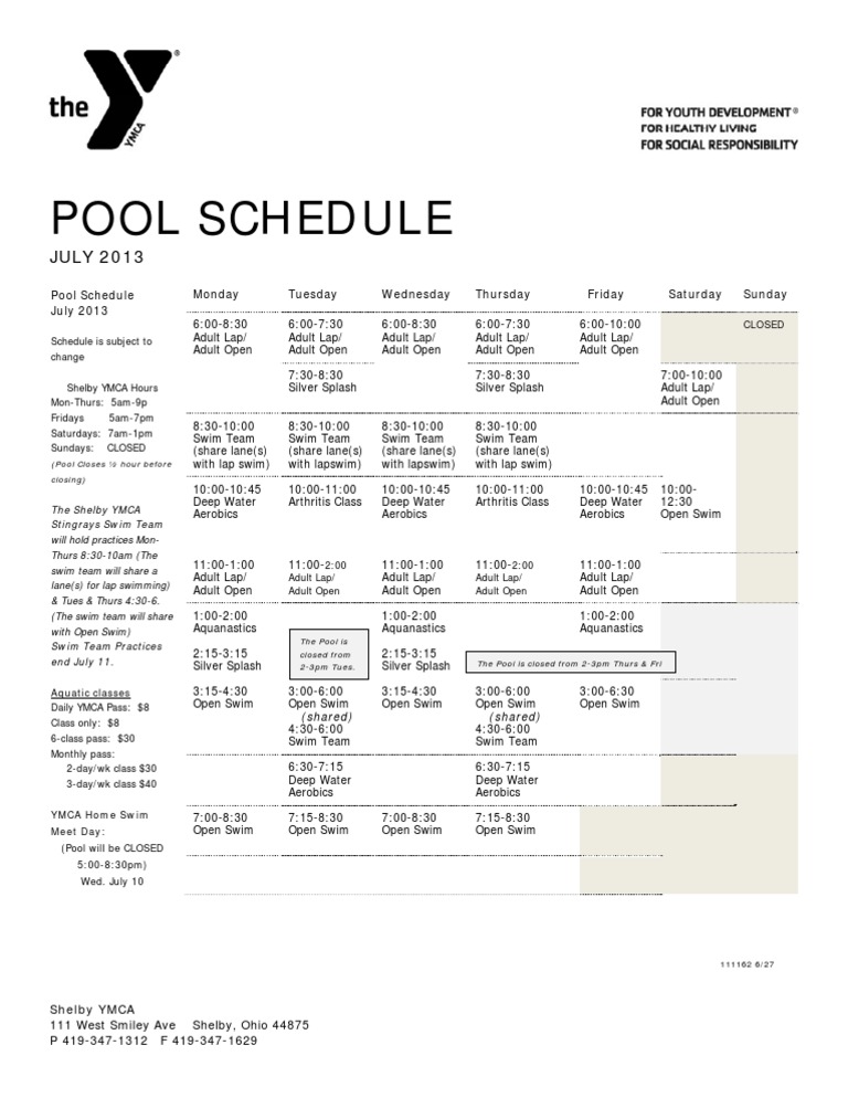 Shelby YMCA July 2013 Pool Schedule | PDF | Wellness