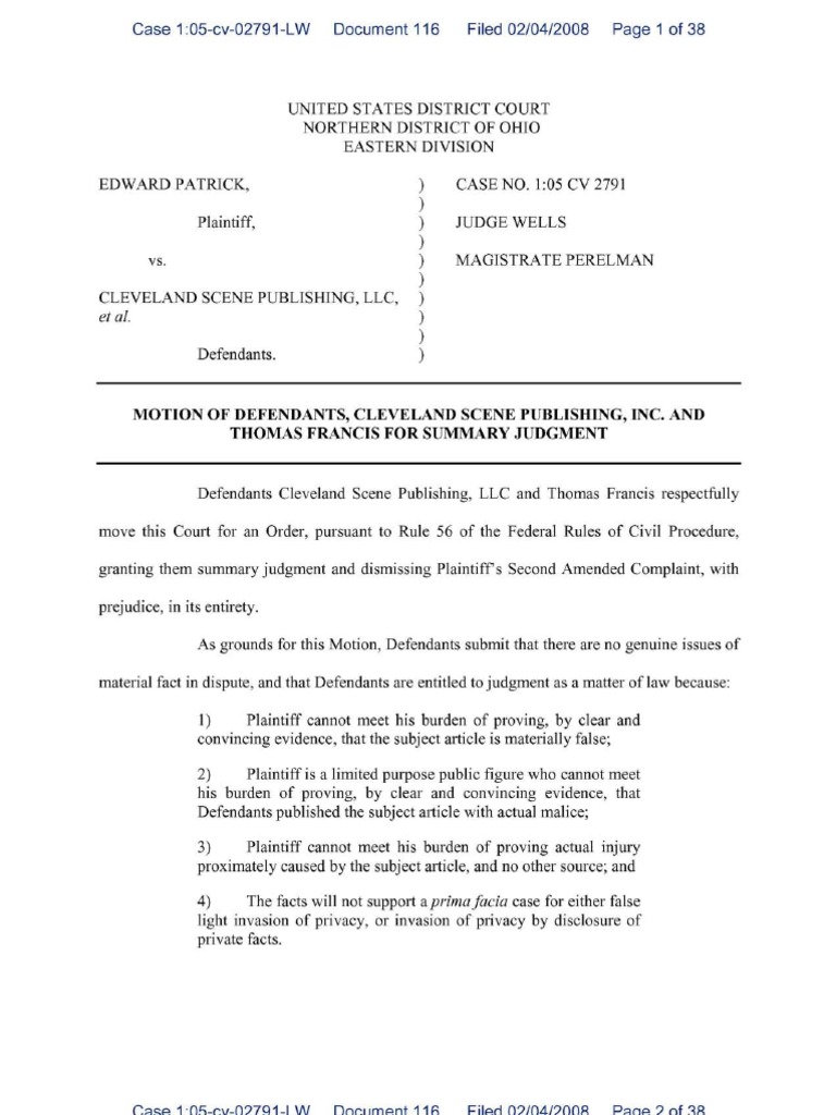 February 2, 2008 Defendant's Motion For Summary Judgment and Exhibits