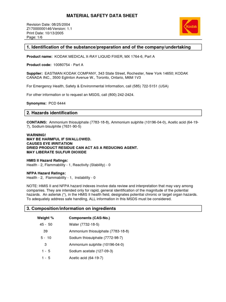 Medical XRay Liquid Fixer MX 17646 Part A Firefighting Combustion