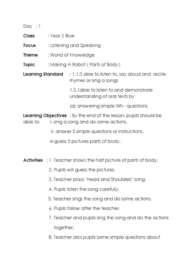 Year 2 English Lesson Plan: Robots | PDF | Lesson Plan | Teachers