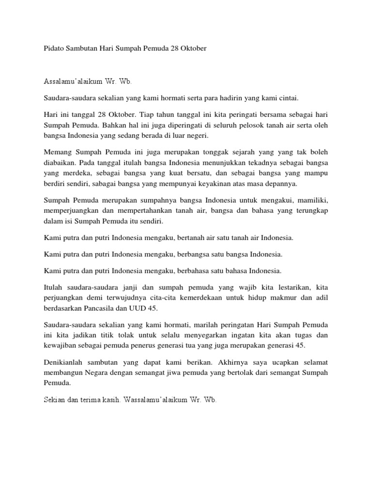 Pidato Sambutan Hari Sumpah Pemuda 28 Oktober