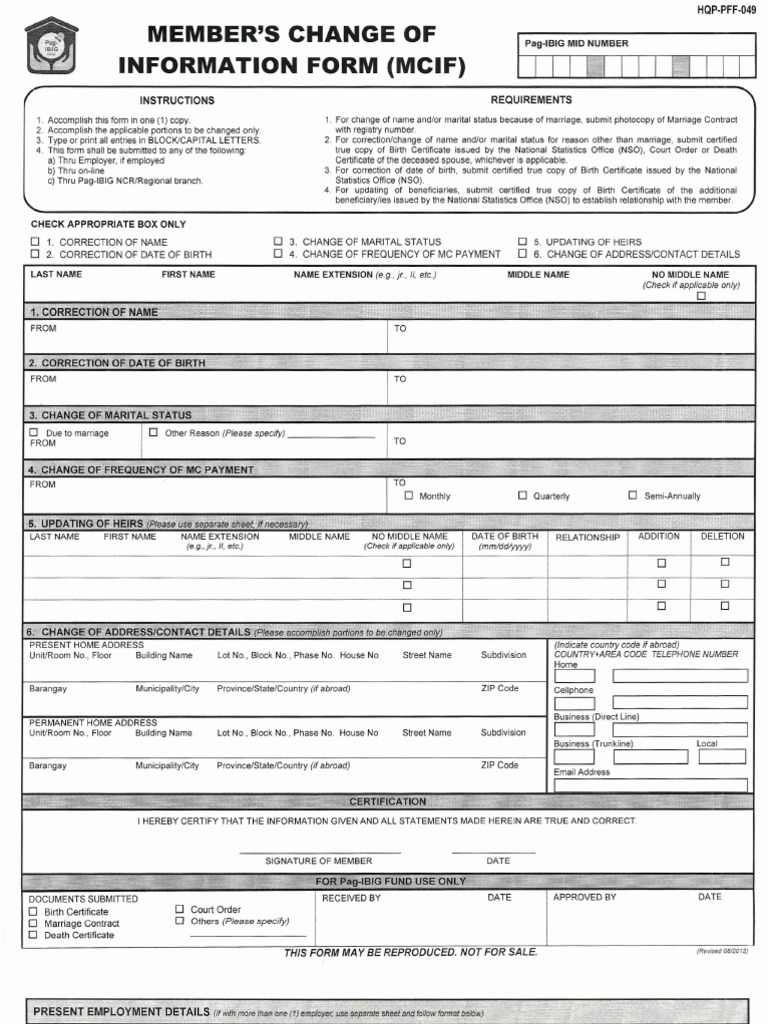 Pag-IBIG Member Change Form | PDF | Birth Certificate | Social Institutions