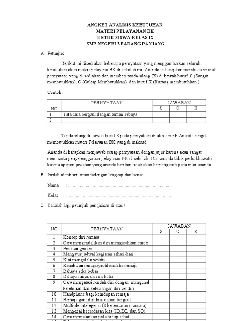 Angket Analisis Kebutuhan Untuk Lkpd Siswa - Bangku Soal