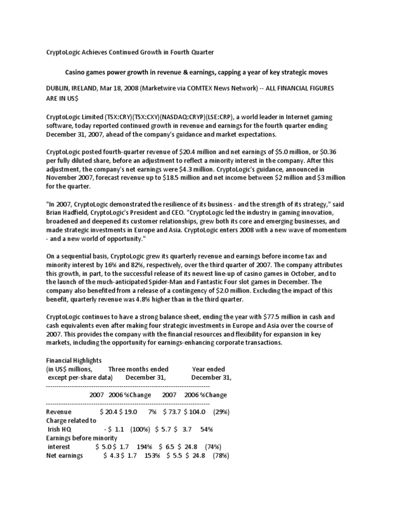 CryptoLogic Q4 Growth Report 2007 | PDF | Financial Statement ...