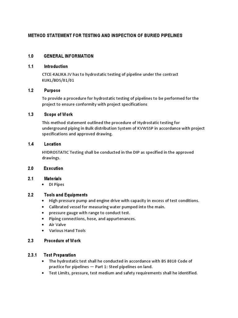 Hydrostatic Testing Procedure for Pipelines | PDF | Valve | Pipe (Fluid ...