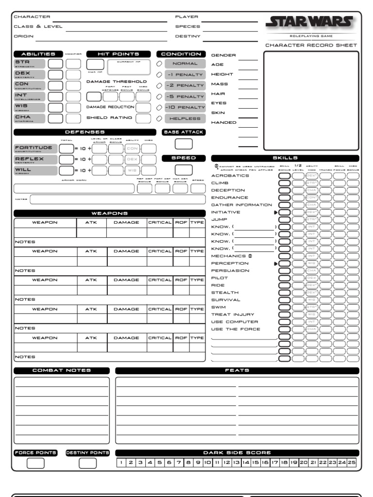 Star Wars d20 Saga Edition character sheet | Leisure Activities | Role ...