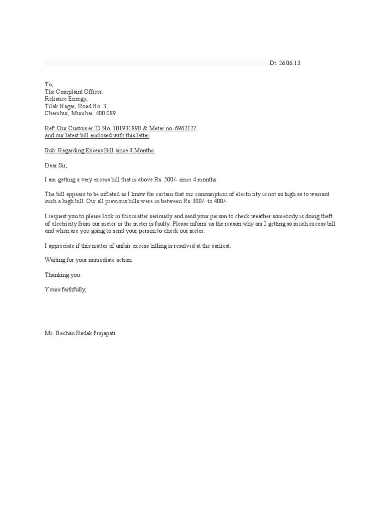 Complaint Letter- Excess Electricity Charges