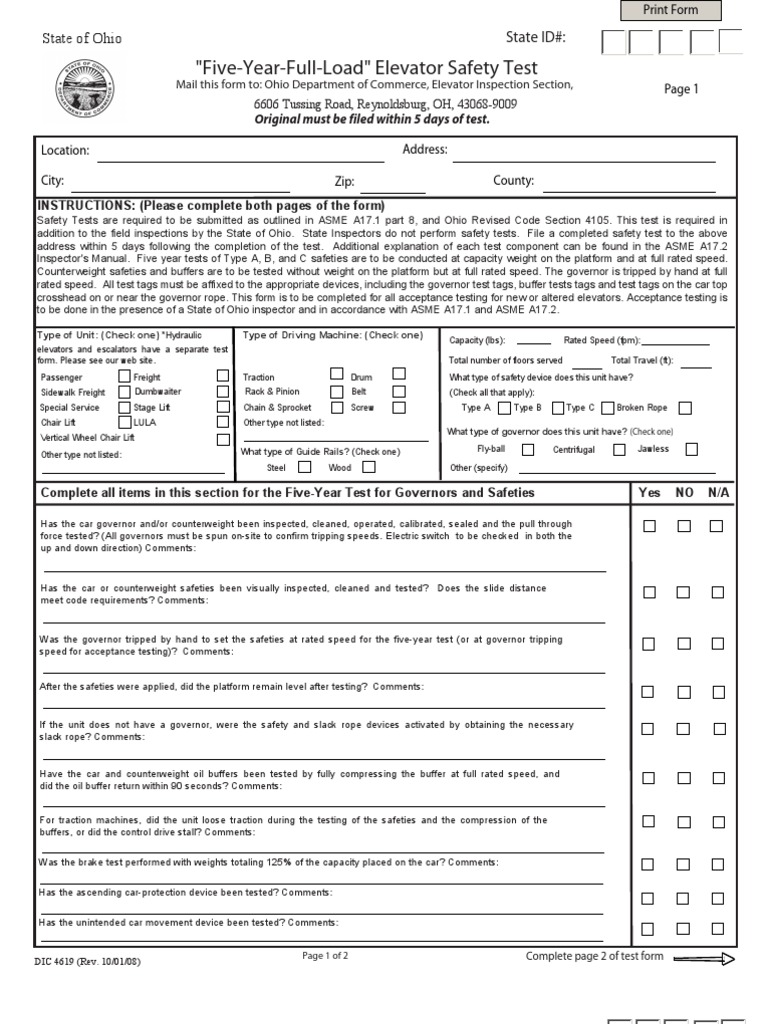 Elevator Five Year Safety Test Form Elevator Industries
