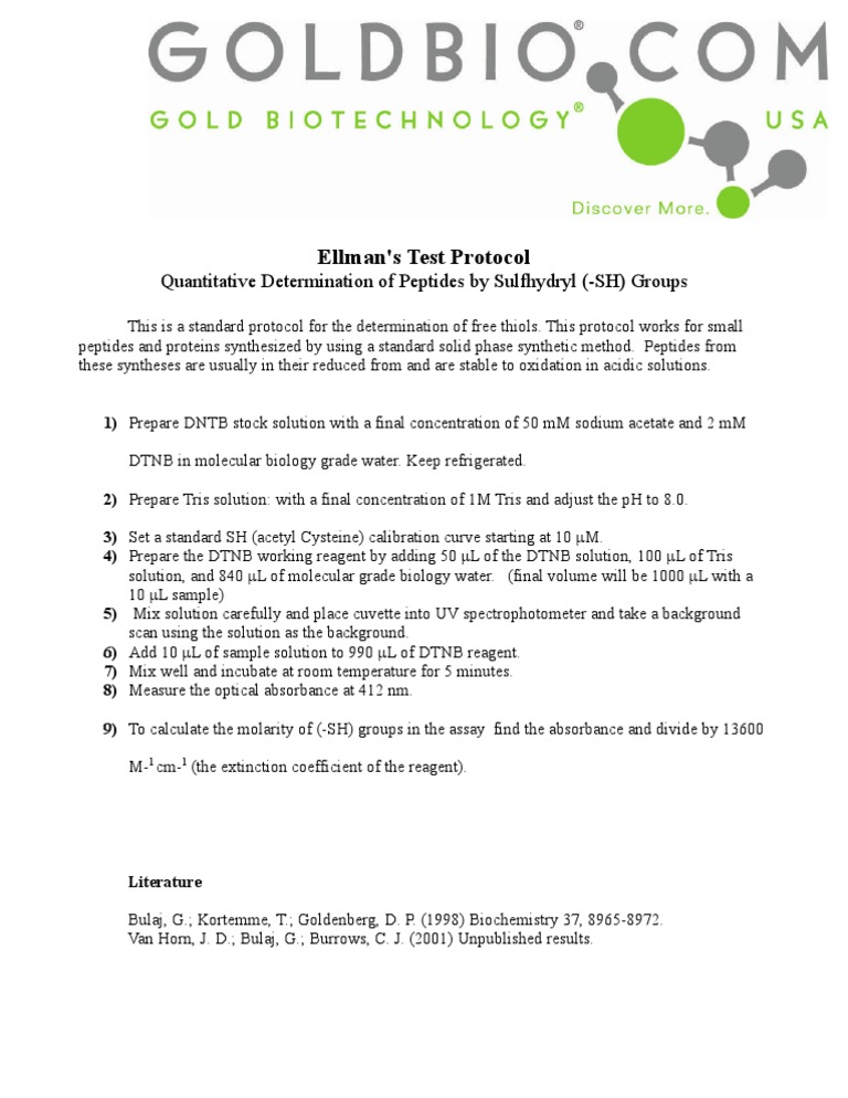 Ellman's Test for Free Thiol Quantification | PDF | Wellness ...