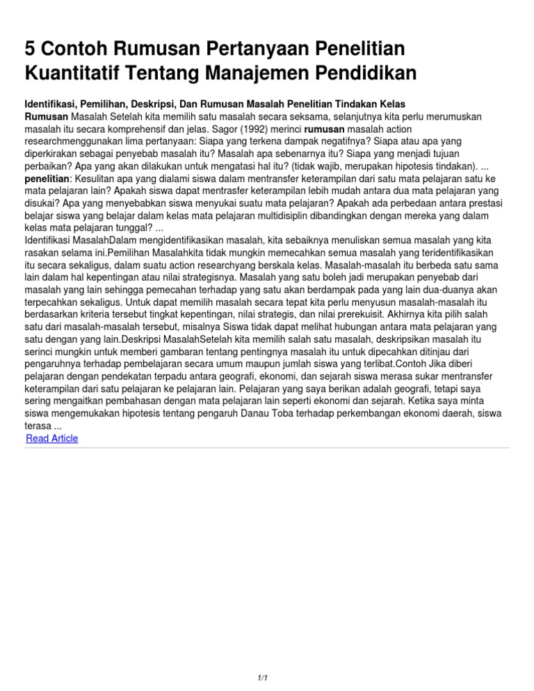 5 Contoh Rumusan Pertanyaan Penelitian Kuantitatif Tentang Manajemen Pendidikan