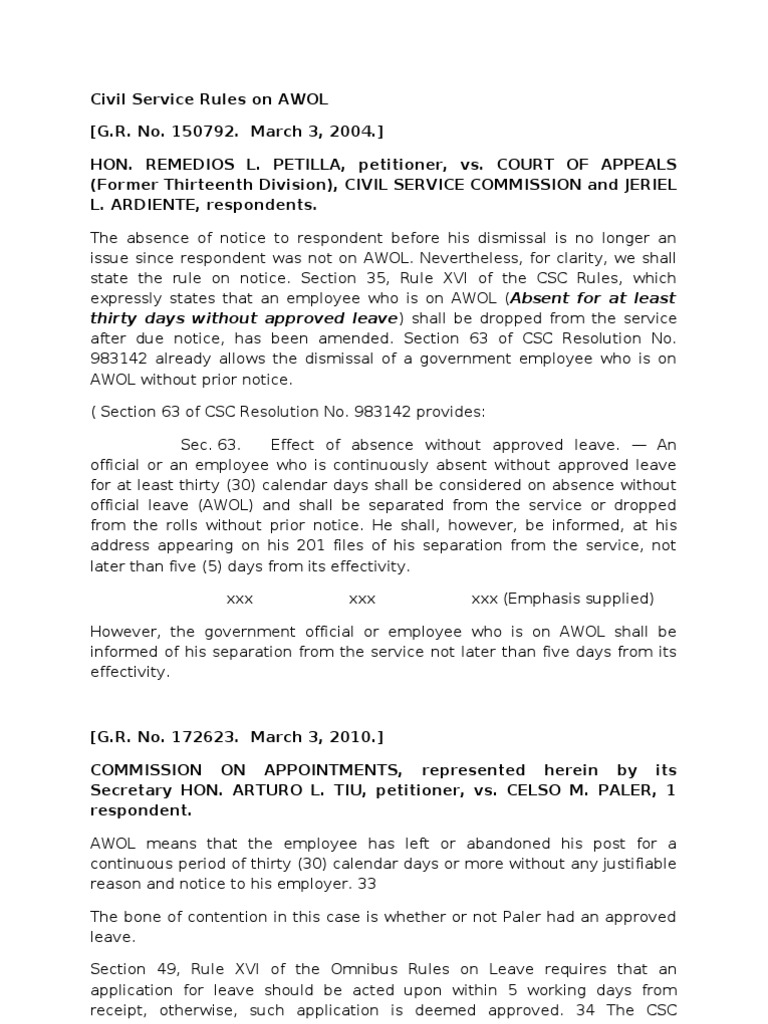 Civil Service Rules on AWOL Constitutional Law Government