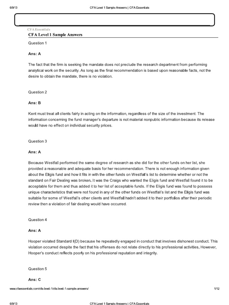 CFA Level 1 Sample Answers - CFA Essentials | PDF