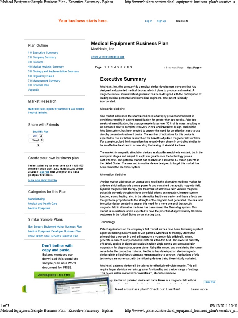 Sample Medical Equipment Business Plan PDF Medical Device