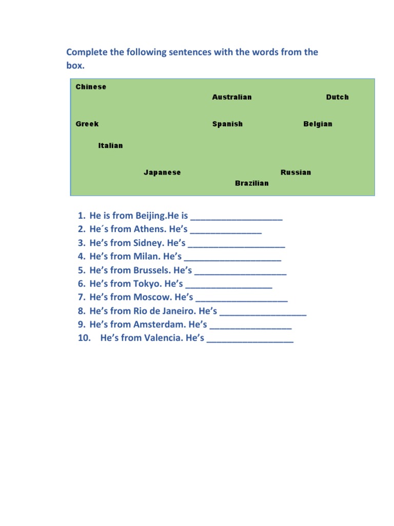 Nationalities Fill-in-the-Blank Exercise | PDF