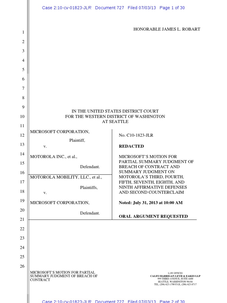 Redacted Microsoft'S Motion For Partial Summary Judgment of Breach of