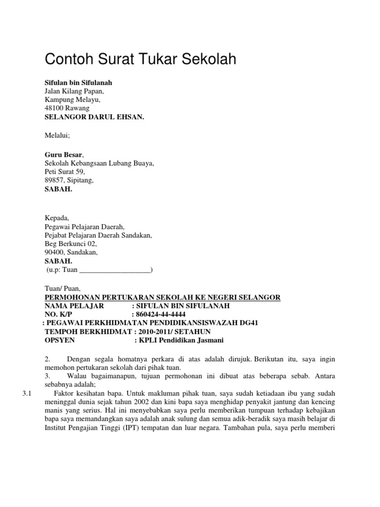 Contoh Surat Tukar Sekolah Pdf