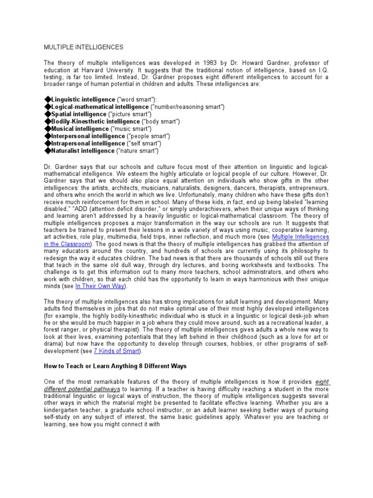 Understanding Multiple Intelligences Theory | PDF | Intelligence ...