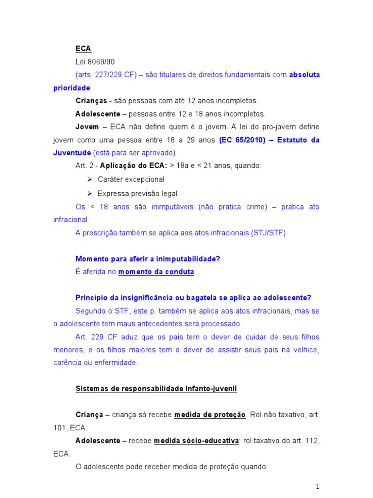 RESUMO GERAL ECA - ESTATUTO DA CRIANÇA E ADOLESCENTE | PDF | Adoção ...