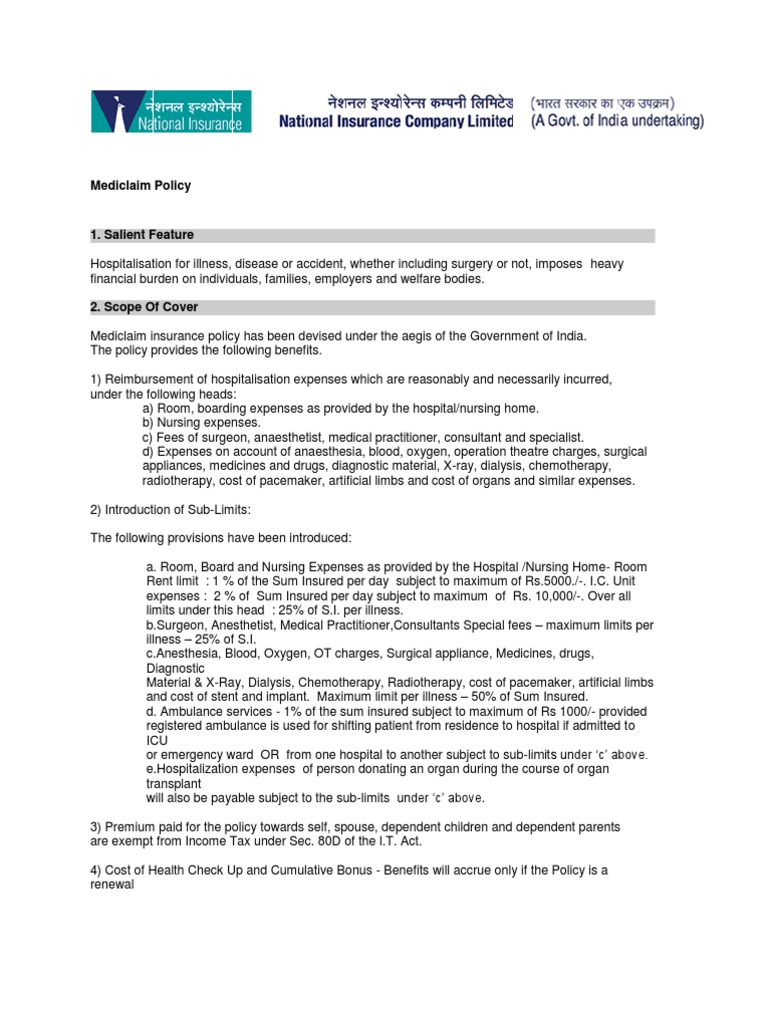 Mediclaim PolicyNational Insurance PDF Anesthesiologist Insurance