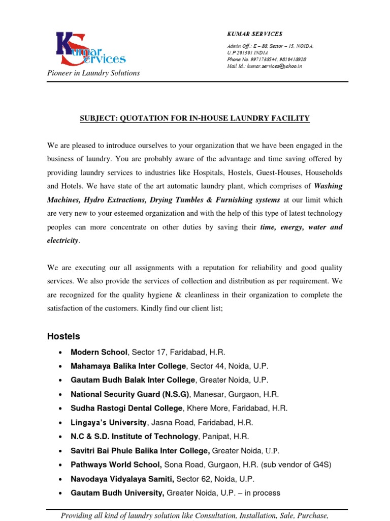Quotation for Providing InHouse Laundry Facility and Services to Hostels and Hospitals