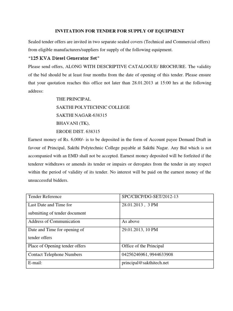 Tender for 125 KVA Diesel Generator Set | PDF | Government | Business