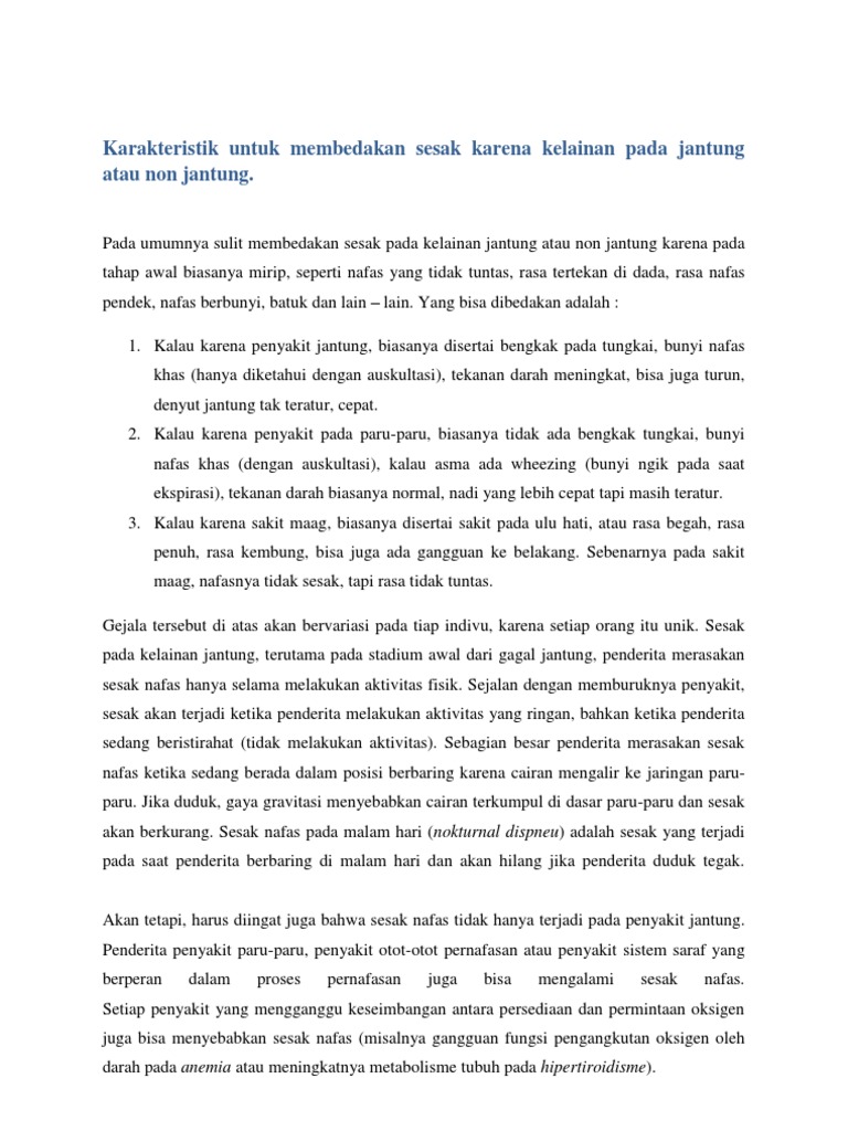 Karakteristik Untuk Membedakan Sesak Karena Kelainan Pada Jantung Atau Non Jantung Pdf