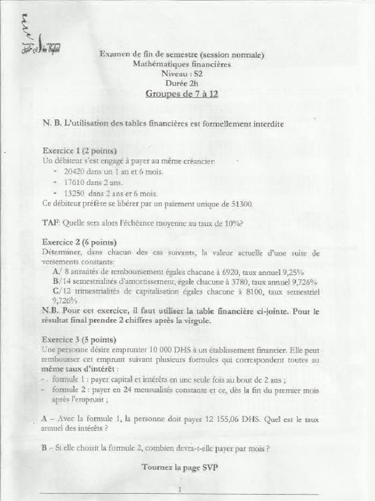 Mathématiques Financières Cours Et Exercices Corrigés Pdf Examen Math Financière + Tables + Corrigé | PDF