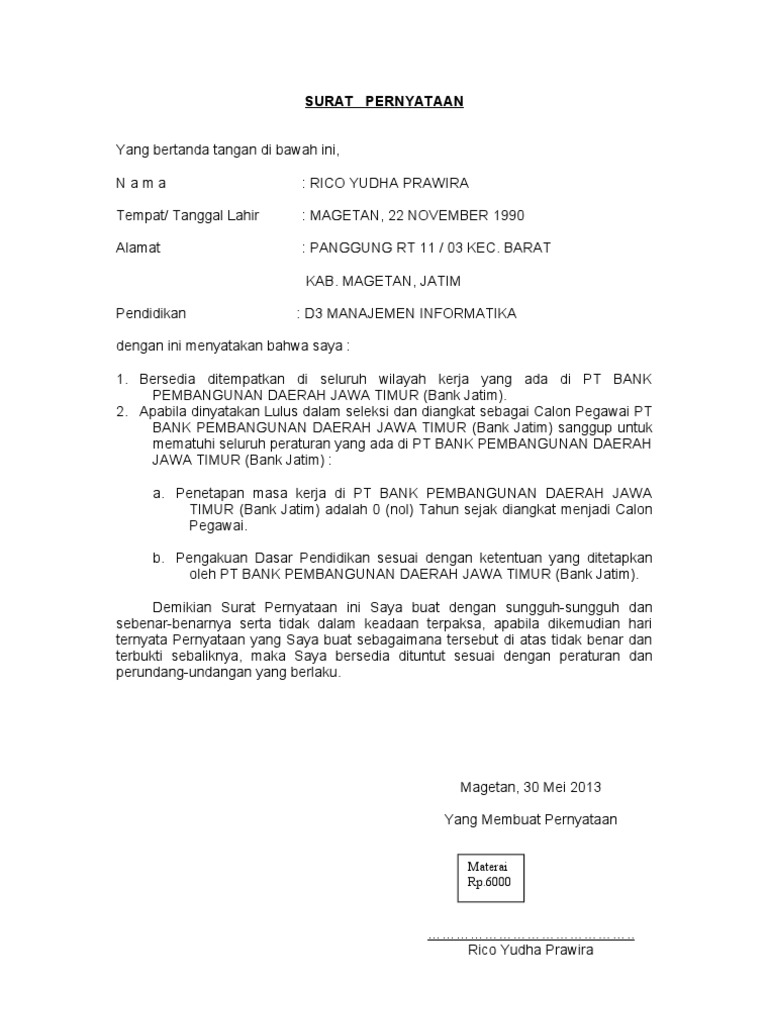 Contoh Surat Pernyataan Penempatan Kerja Pdf