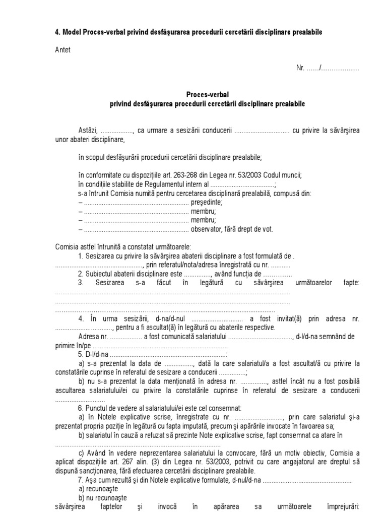 Model Proces Verbal Cercetare Disciplinara