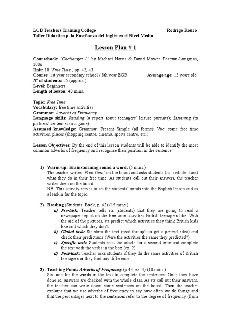 Lesson Plan #1 - Challenges 1/U10:Free Time | PDF | Adverb | Human ...