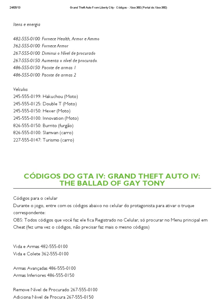 Códigos do GTA IV para Xbox 360 | PDF | Jogos da Microsoft | Franquias ...