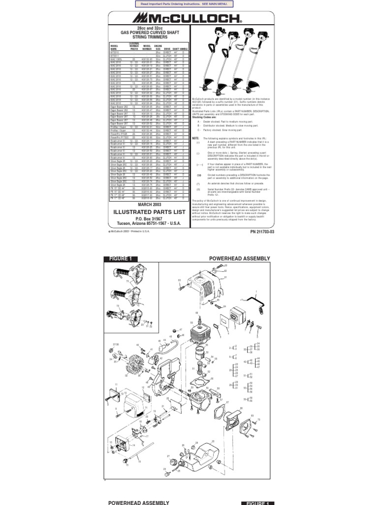 McCulloch Parts and specs. for multiple models trimmers Engines