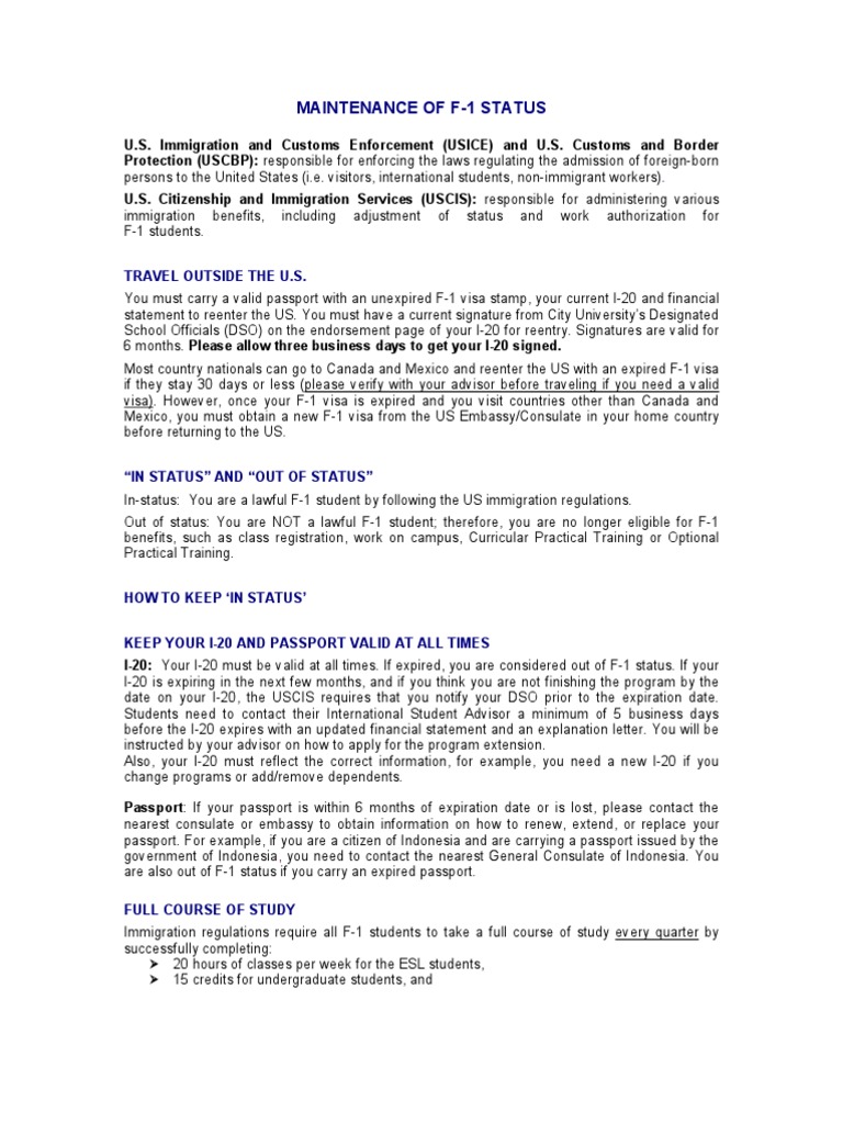 F 1 Visa Regulations
