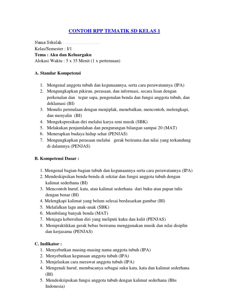 Contoh RPP - Tematik-Sd-Kelas-1 | PDF | Seni & Disiplin Bahasa | Kajian ...