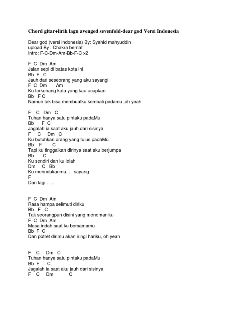 Chord Gitar Lirik Lagu Avenged Sevenfold Dear God Versi Indonesia