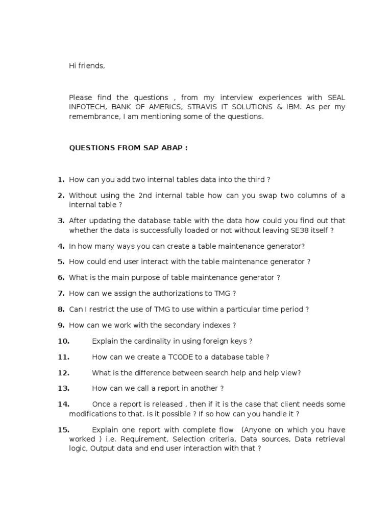 SAP ABAP Interview Questions List | PDF | Databases | Information ...