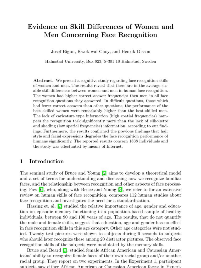 Gender Differences in Face Recognition Skills | PDF