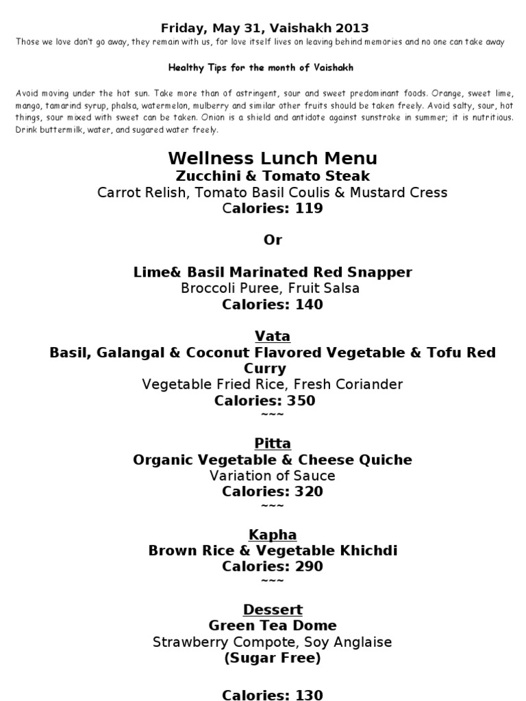 Wellness Lunch Menu Carrot Relish Tomato Basil Coulis Mustard Cress Calories 119