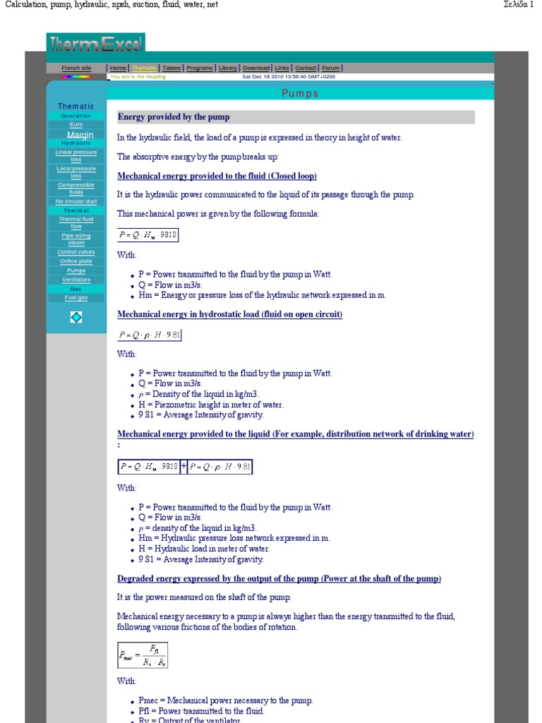 Calculation Pump Hydraulic Npsh Suction Fluid Water Net Pdf